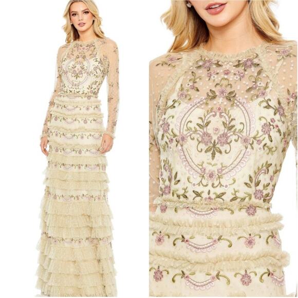 Mac Duggal Mesh Polka Dot Long Sleeve Floral Ruffle Tiered Maxi Gown 10 NWT - Picture 3 of 12